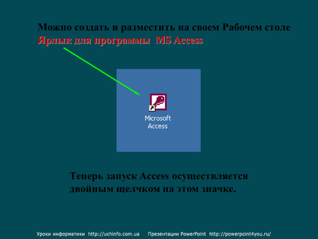 Можно создать и разместить на своем Рабочем столе Ярлык для программы MS Access Теперь